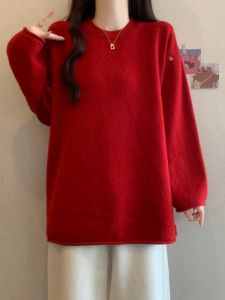 เสื้อสเวตเตอร์ถักสีแดงหลวมๆ สำหรับผู้หญิง ฤดูใบไม้ผลิและฤดูใบไม้ร่วง 2025 ใหม่ไซส์ใหญ่ เสื้อสเวตเตอร์ถักแบบลำลองสำหรับผู้หญิงไซส์ใหญ่