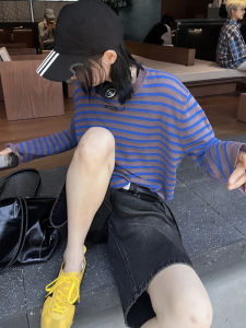 Retro Lazy Stripe T-Shirt Womens Thin Loose Slimming Ice Silk Knitted Top Comfortable round Neck Long Sleeve Commute Style