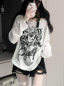 เสื้อยืดคอกลมแขนยาวลายการ์ตูนสำหรับผู้หญิงในช่วงฤดูร้อน ทรงหลวม เสื้อผ้ากันแดด ทรงเข้ารูป แฟชั่นหวานและเท่