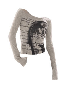 FUYUELULU Grey Pink Long Sleeve T-Shirt Womens Autumn Slim Fit Printed Street Style Regular Sleeve round Neck Top