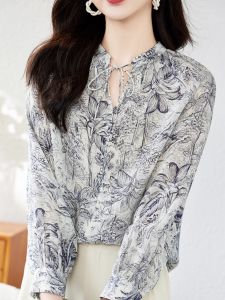 NVSHENJI | Silk Shirt Womens Spring Autumn New Print Long Sleeve V-neck Double Gauze Butterfly Knot Hangzhou Mulberry Silk Top
