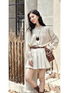 MISHOW Semi-turtleneck Retro Womens Shirt 2024 Autumn and Winter French Apricot Stand-up Collar Versatile Top Sweet MXD48C0365