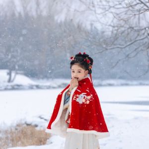 Red New Year Girls Hanfu Fleece Lined Cowl Neck Padded Coat Childrens Traditional Chinese Costume Warm Thickened Winter Outfit