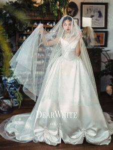 ชุดแต่งงานผ้าซาตินสไตล์ย้อนยุคแบบครีมซีรีส์เรียบง่ายสไตล์ฝรั่งเศส ชุดราตรีงานแต่งงานแบบทันสมัย ​​DearWhite