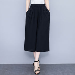 Elderly Women Wide Leg Pants Cotton Silk Ethnic Style Plus Size 7/8 Trousers