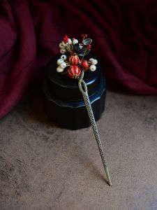 เครื่องประดับผมสไตล์โบราณ ดอกกุหลาบสีแดง หมวกทรงกลม สร้อยคอเซรามิก ชุดฮันฟู หมวกทรงกลม อุปกรณ์ตกแต่งผม