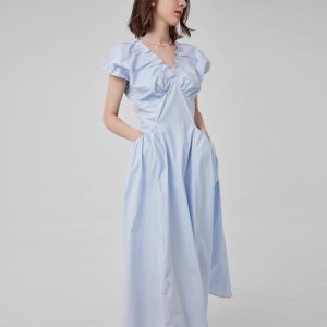 Fano | Đầm V-Neck Tay Bồng Nếp Li eo