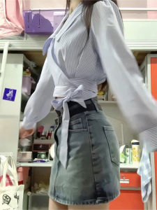 Pure Desire Sweet Spicy Striped Long Sleeve Shirt Women Summer Thin Design Unique Belted Retro Short Top V-neck Slim Fit