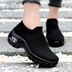 Korean Style Comfort Slip On Sock Sneakers For Women Fashion Breathable Thick Sole Casual Black Rubber Shoes For Women On Sale