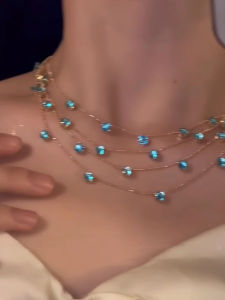 Blue Zircon Tassel Necklace Womens Fashion Multi-Layered Starry Sky Design Luxury Sensation Dainty Choker Jewelry Accessory