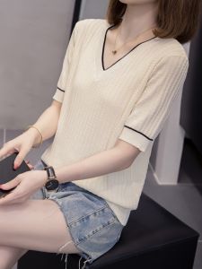 Summer Thin Ice Silk V Neck Short Sleeve Knitwear T-shirt Womens Loose Plus Size Plus Size Ladies Belly Covering Shoulder Base Tops