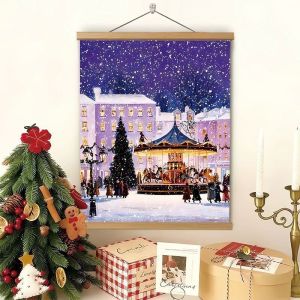 VIKAMA Wall Tapestry Snowy European Town Carousel Night Christmas Tree Lights Winter Home Decor Living Room Bedroom Dorm Print