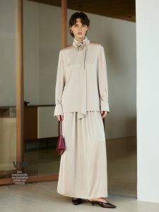 Belted Sleeve Blouse and Skirt Women Dress Suite