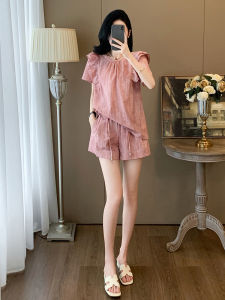 La Chapelle Casual Sports Set Womens Summer 2024 New Vintage Stylish Pleated Sash Short Sleeve Shorts Cotton round Neck