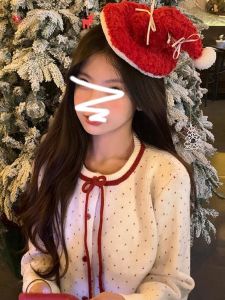 Elegant Knitted Sweater Cardigan Womens Autumn Winter Red Inner Wear Christmas New Years Day Fashion Sweet Style Long Sleeve