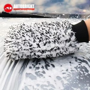 ถุงมือล้างรถ AUTOBRIGHT ผ้าไมโครไฟเบอร์สำหรับทำความสะอาดและขัดเงา ถุงมือล้างรถแบบหนาพิเศษ สีดำ สองด้าน อุปกรณ์ทำความสะอาดรถยนต์