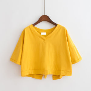 Áo Thun Nữ Tay Ngắn Cổ Chữ V Màu Trơn Mùa Hè Hở Lưng Cạp Cao Dáng Rộng Ngắn Phong Cách Công Sở Thường Ngày