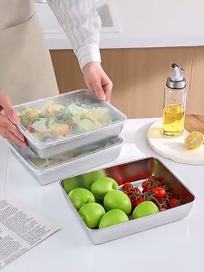 304 Stainless Steel Box 4PCS Kitchen Storage Box Fresh-keeping Box with Lid Household Refrigerator Fruit Containers Lunch Box BBQ Food Trays