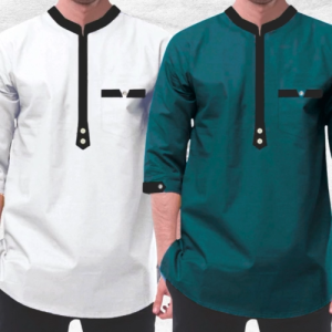 Elegant White Como Crepe 3/4 Sleeve Kurta with Contrast Accents for Muslim Men