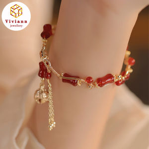 Viviann Original sterling silver Red Jade Bracelet Bell Pendant Tassel Bracelets Vintage Jewelry Bell Charm Bracelets Jades Bangle For Women