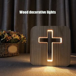 Desktop Cross USB LED Night Light Home 3D Table Light Wooden Decorative Gift Warm Light Atmosphere Light