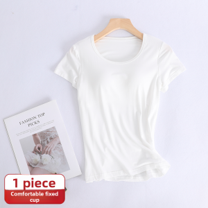 Miiow | Womens Cat Person T-shirt Short Sleeve Regular Shoulder Mid Sleeve Round Neck Integrated Chest Pad Base Layer One-piece Top