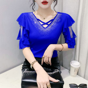 REHIN Summer New Original Heavy Rhinestone Embellished Double-Layer Mesh Ruffle Short Sleeve T-shirt Fashionable Versatile Womens Top