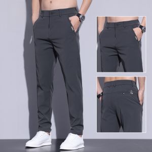 ROMON | Lormen Mens Ice Silk Slim Fit Casual Pants Summer Thin Business Suit Straight Leg Quick Dry Elastic Long Trousers