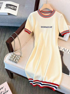 Slim Fit Ice Silk Knitted Pink T-Shirt Dress Short Sleeve round Neck mid Length Striped Pattern Wrap around Skirt Summer New Arrival