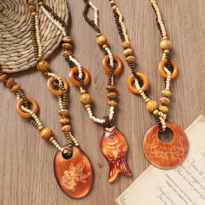 Bohemian Wooden Beaded Necklace Long Sweater Chain Womens Ethnic Style Cotton Linen Accessories Pendant Fashion Jewelry