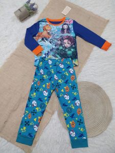 Setelan Baju Tidur Piyama Anak Laki Laki Impor Motif Demon Slayer Glow In The Dark Usia 3-12 Tahun Lengan Panjang