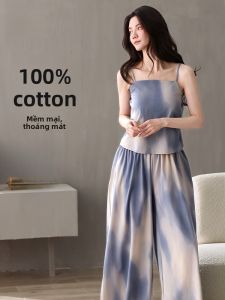 MiiOW | Bộ đồ ngủ cotton nguyên chất có đệm ngực cho nữ mùa hè Áo không tay dài quần dài thoải mái thoáng khí cho nữ