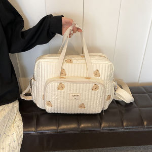 Large Capacity Floral Embroidery Bear Mommy Bag Fashionable Handbag Travel Diaper Bag for Outings And Baby Walking