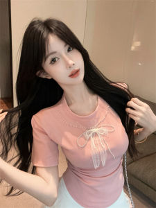 GUZILIAN | French Elegant Sweet Design Pearl Lace Butterfly Knot Slim Fit Round Neck Versatile Top Women Summer Fashion Commute Style Short Sleeve