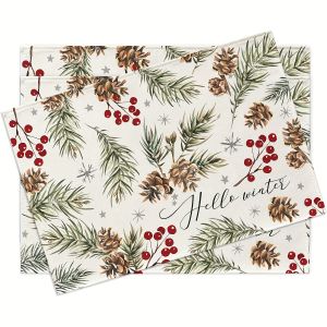 VIKAMA 4/6/8/10PCS Hello Winter Placemats Machine-Washable Linen Table Mats Christmas Dining Room Decor