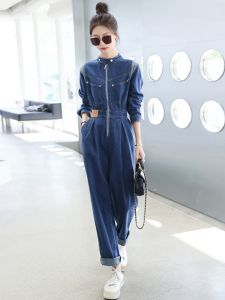 Spring Autumn 2024 Womens Slimming Casual Long Sleeve Overalls Denim Utility Pants High Waist Cotton Workwear Jumpsuits