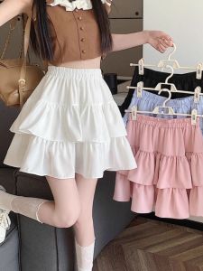 กระโปรงสั้นทรงเค้กเอวสูงไซส์ใหญ่สำหรับผู้หญิง ฤดูใบไม้ผลิและฤดูร้อน สไตล์หวานๆ กระโปรงทรงเอสีพื้น กระโปรงทรงเอ