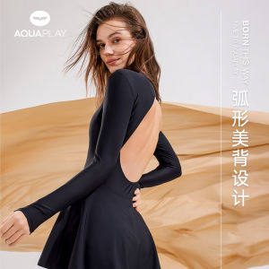 AquaPlay Womens Camellia Black Long Sleeve Sunscreen Rashguard Open Back Skirt Combo Swimsuit Looks Thin and Quick Drying Surfing Diving Swimsuit