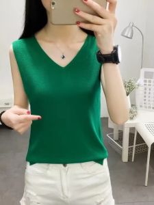 Ice Silk Strap Vest Womens Summer New Korean Version Outdoor Wear Loose Large Size Knitted Top Short Sleeveless Female Garment