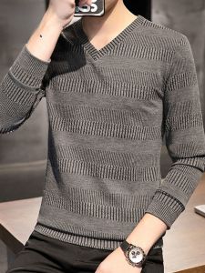 ROMON | Lomond Mens V-neck Fleece-lined Knitted Sweater Fashionable Urban Style Base Layer Shirt For Autumn Winter Mid-aged And Elderly