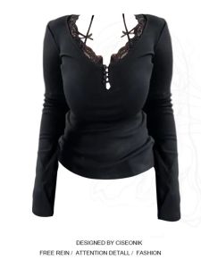 Plus Size Fat Sister Fancy Lace Lace Long-Sleeved T-shirt Female Autumn Winter False-Two-Piece Pure Desire Slim Fit Bottoming Top