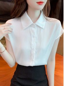 Elegant White Short-Sleeve Blouse for Women Stylish Commuting Thin Professional Shirt with Button Details and Stripe Pattern