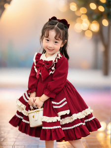 ชุดเดรสเจ้าหญิงโลลิต้าฤดูใบไม้ร่วง/ฤดูหนาวสำหรับเด็กผู้หญิง สีแดง ตัวเล็ก เสื้อผ้าเด็กผู้หญิง ผ้าฝ้ายโพลีเอสเตอร์ กระดุมหลัง ความยาวแขนยาว ชุดเดรส