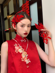 Red Wedding Hairpin Chinese Style New Year Bride Headwear Festive Crane Cut Paper Hair Accessory for Morning Robe And Drinking Ceremony