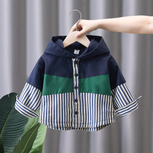 Boys Spring Autumn Hooded Striped Jacket Baby Color Block Top Casual Comfortable Breathable Regular Thickness Coat for Kids