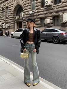 กางเกงยีนส์ทรงขาบานเอวสูงสำหรับผู้หญิง กางเกงขายาวทรงตรงทรงสลิมฟิตสำหรับฤดูใบไม้ร่วงและฤดูหนาว กางเกงขายาวทรงสลิมฟิตสำหรับผู้หญิง