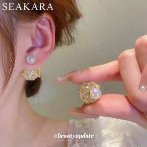 ต่างหูมุกสองด้านฝังเพชรต่างหูเงินทันสมัยและหรูหราต่างหูสไตล์โบฮีเมียนใช้งานได้หลากหลายและต่างหูสวยงาม