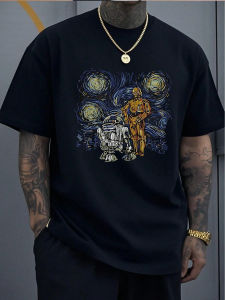 Mens Round Neck Short Sleeve T Shirt Star Wars Droids Graphic Digital Print Tee Van Gogh Starry Night Theme Casual Tee Summer