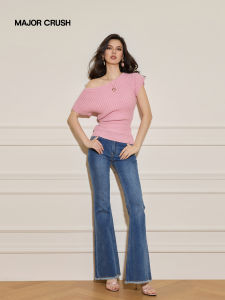 Pink Off-shoulder Flared Slimming Jean Trousers Set