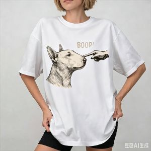 Sanrio | Vintage Bull Terrier Finger Touching Nose T-shirt Funny Dog Printed T Shirt Bull Terrier Mom Dad Tee Cotton Short Sleeve Tops